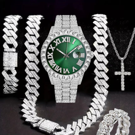 Hiphop Hip Hop Diamond Watch Five-Piece Diamond Cuban Chain Cross Necklace Cuban Ring Cross Border Wholesale