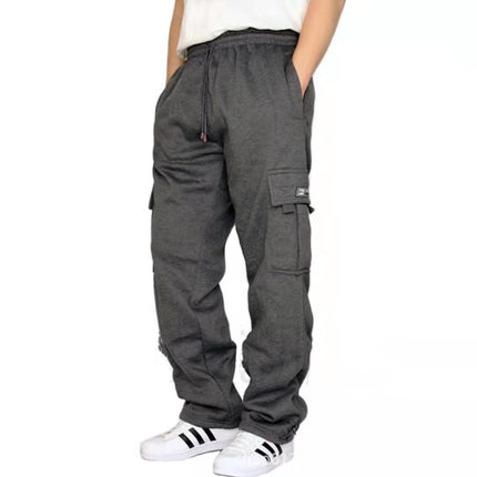2022 Cross-Border Sports Casual Pants with Fleece Lining, Jogger Style, Multiple Pockets, Drawstring, Men's Loose Fit Workwear, Men's Sports Trend