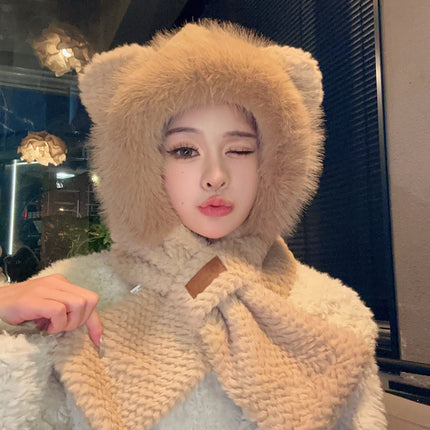 Cute Bear Plush Hat and Scarf Set for Women, Autumn and Winter Thickened Warm Cycling Cold-Proof Ear Protection Lei Feng Hat