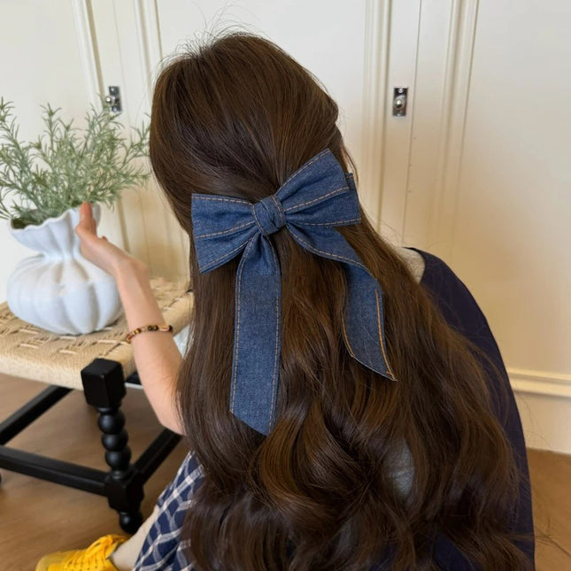 Korean-Style Denim Bow Large Duckbill Clip High-End Ponytail Clip Hair Accessory Half-Tied Ribbon Hairpin for the Back of the Head