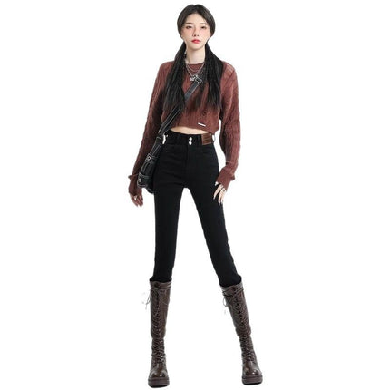 High Waist Leg Jeans Women's 2025 Trendy All-match New Slim-fit Flesh Covering Slimming Tight Pencil Pants