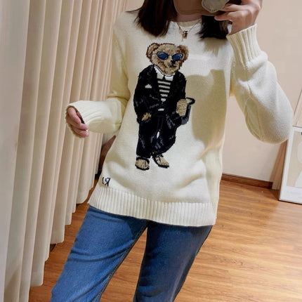 Pony~New Autumn and Winter Women's Round Neck Embroidered Sunglasses Cartoon Suit Bear Cute Age-Reducing Versatile Knitwear