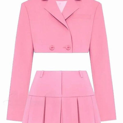 Ins Amazon Hot Selling Women's Two-Piece Short Skirt Suit Double-Breasted Short Suit Jacket Pleated Mini Skirt