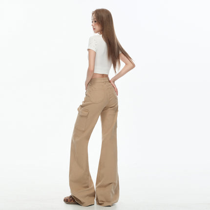 Raccoon House # Khaki New Stretch Work Jeans for Women, Low-Waisted, Leg-Free, Versatile, Slimming, Micro-Flared Pants for Women