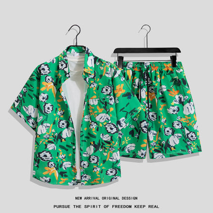 Men's Ins Summer Loose Short-Sleeved Shorts Suit Trendy and Handsome Beach Floral Couple Clothes Hawaiian Style Shirt