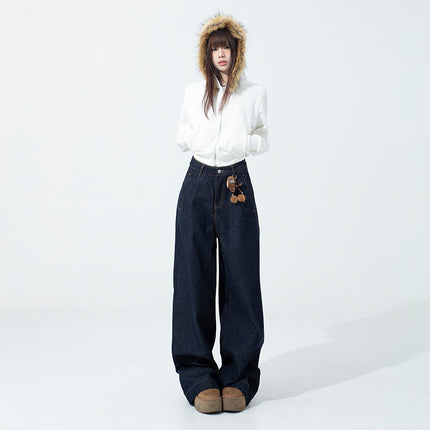 Spring and Autumn New American Style Retro Original Cow Color High Waist Wide Leg Pants Women's Loose Slimming All-match Dipped Fit Jeans