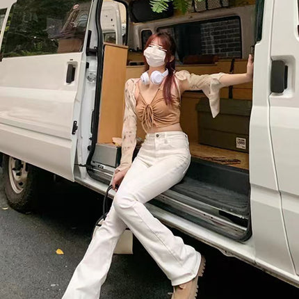 American-Style White High-Waisted Flared Jeans for Women, Spring and Autumn, Plus-Size, Stretchy, Slimming, Floor-Length Bootcut Pants