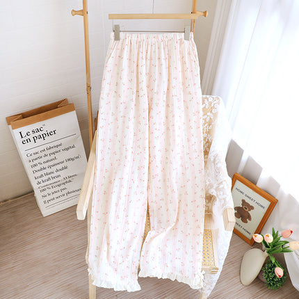 Spring and Summer Pajama Pants Women's Cotton Double-layer Gauze Loose Pants Floral Thin Lace Casual Outwear Home Pants