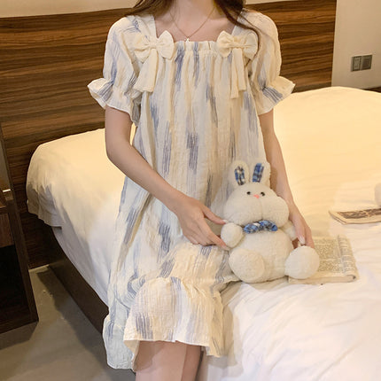 Sweet Bow Square Neck Nightgown with Breast Pad Summer New Cloud Cotton Cartoon Short-Sleeved Princess Style Women's Nightgown