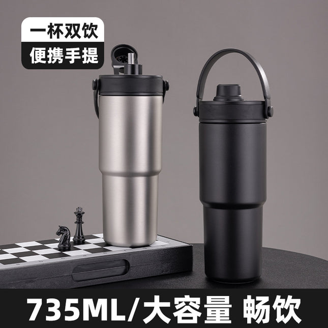 Cross-border high-value 316 stainless steel thermos cup large-capacity double-drink ceramic liner car cup portable handle cup