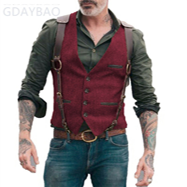 High-Quality Foreign Trade European and American Cross-Border Hot-Selling Products 2026 New Model Men's Casual Vest Solid Color Herringbone Wool Vest