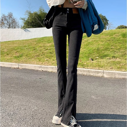 Black Spiggy Spiggy Jeans Women's Trendy All-match New High Waist Slim-fit Loose Slim-fit Design Flared Pants