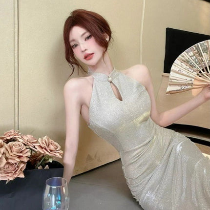 Real shot retro sexy off-the-shoulder Pearl decorative chain cheongsam collar sheath short dress evening work clothes