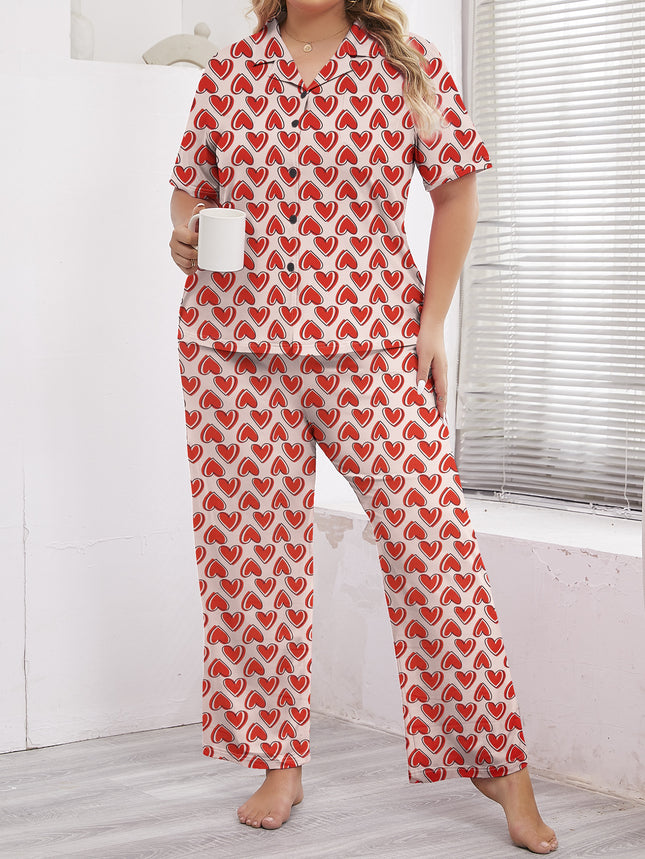 Cross-border foreign trade for plus size ladies new love printed short sleeve jacket pants pajamas two-piece wholesale