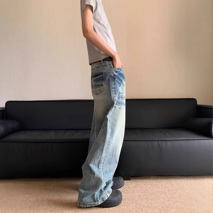 American Vibe High Street Retro Glacier Blue Fashionable Lightning Pattern Jeans Men's Washed Loose Straight Floor-Length Pants