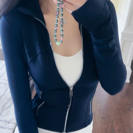 Spring and Summer Yoga Wear Stand Collar Jacket Short Silver Zipper Cardigan Jacket Slim Fit Elastic Slimming Yoga Wear Running