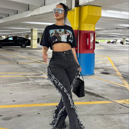 M80923 European and American Fashion New Retro Raw Edge Trendy Design Cool Floor-Length Flared Jeans