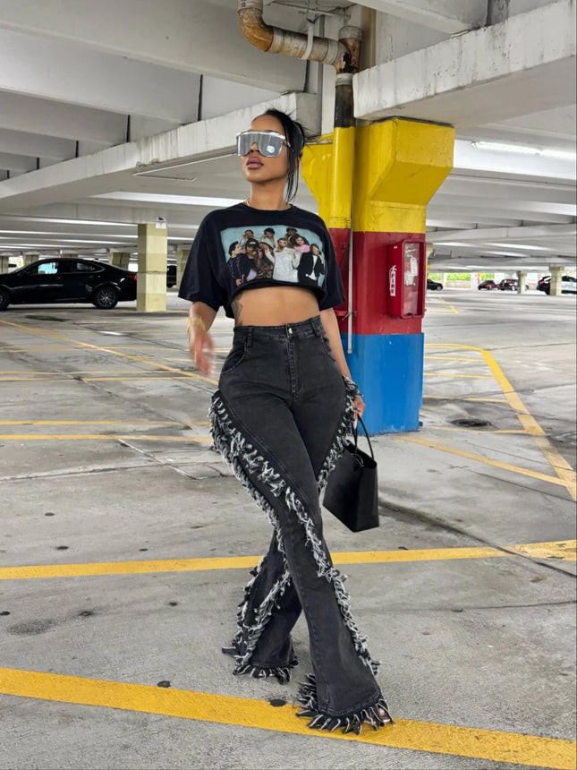 M80923 European and American Fashion New Retro Raw Edge Trendy Design Cool Floor-Length Flared Jeans