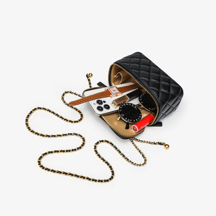 Spring and Summer Chanel Style Gold Ball Diamond Plaid Chain Bag Genuine Leather Women's Bag 2024 New Mini Lipstick Box Bag Crossbody Bag