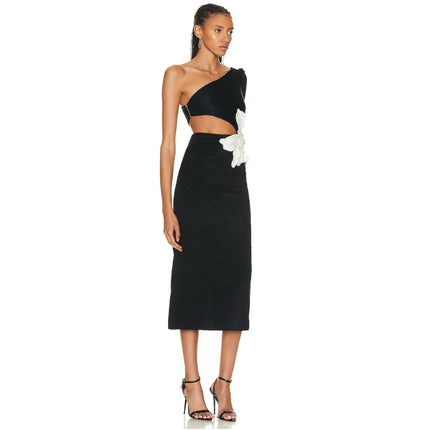 Intellectual style fashion one-shoulder dress elegant high-grade goddess fan waist flower decorative bandage dress for women