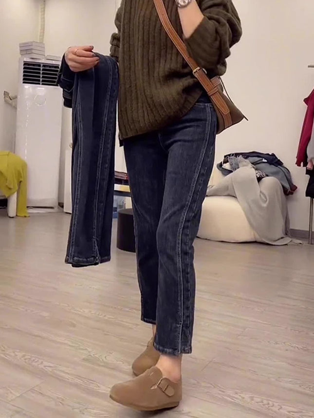 High-Waisted Straight-Leg Jeans for Petite Women, Autumn Slimming Plus-Size Pear-Shaped Figure Cigarette Pants