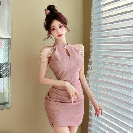 Real shot retro sexy off-the-shoulder Pearl decorative chain cheongsam collar sheath short dress evening work clothes