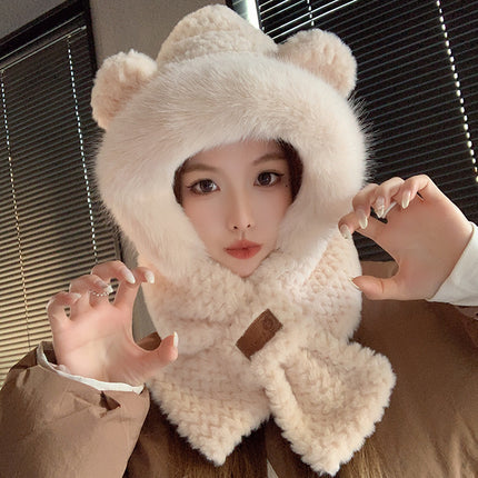 Cute Bear Plush Hat and Scarf Set for Women, Autumn and Winter Thickened Warm Cycling Cold-Proof Ear Protection Lei Feng Hat