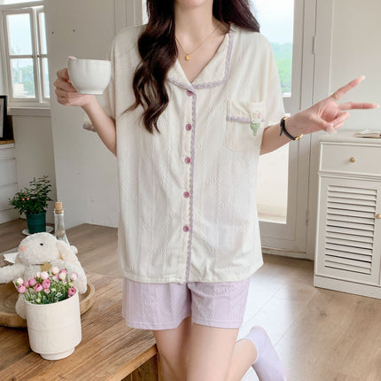 T Summer New Knitted Jacquard Cotton Flower Pattern Cute Casual Outfit Two-piece Home Clothes Women's Short Sleeve