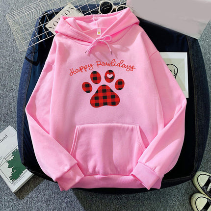 Happy Pawlidays Red Plaid Dog Feet Printed Hooded Sweat Autumn/Winter European Men's and Women's Top
