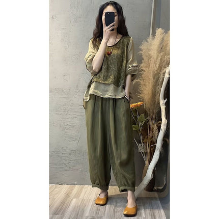 Trendy Summer New Women's Cotton and Linen Set: V-Neck Top to Cover Belly and Slimming Harem Pants Two-Piece Set