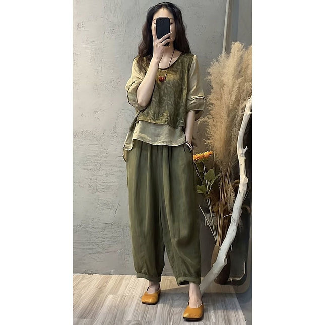 Trendy Summer New Women's Cotton and Linen Set: V-Neck Top to Cover Belly and Slimming Harem Pants Two-Piece Set