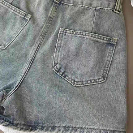 Sweet Hot Girl Lace Spliced Denim Shorts Women's Summer New High Waist Slimming Anti-Exposure Wide Leg Hot Pants