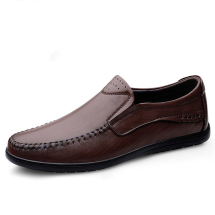 2024 spring new men's casual leather shoes first layer cowhide punching flat leather shoes lightweight peas shoes hollow shoes
