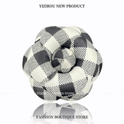 Camellia Brooch with High-Quality Plaid Fabric for Summer and Autumn, Versatile Pin Brooch for High-End Clothing and Bags
