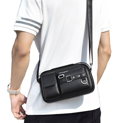 New Small Square Bag Men's Mobile Phone Storage Shoulder Bag Multi-functional Casual Crossbody Bag High-end Litchi Men's Bag