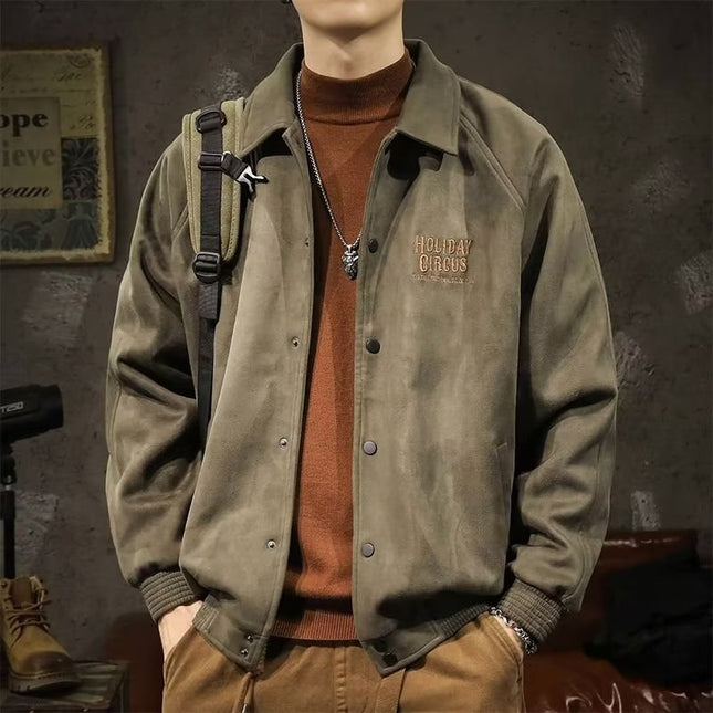 Gray green suede lapel baseball uniform men's loose spring and autumn heavy American casual jacket jacket top