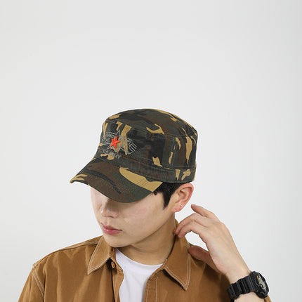 Men's Camouflage Cap with Embroidered Five-Pointed Star, Large Head Circumference, Deep Crown, Outdoor Hiking Travel Breathable Flat Cap