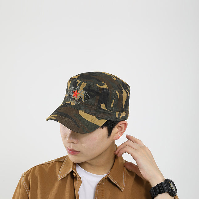 Men's Camouflage Cap with Embroidered Five-Pointed Star, Large Head Circumference, Deep Crown, Outdoor Hiking Travel Breathable Flat Cap