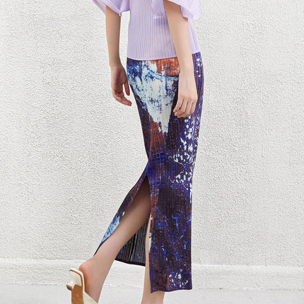 Miyake Summer High-Waisted Green Printed Long Skirt New Fashion High-Waisted Slimming Look Slit Half-Length Hip-Hugging Straight Skirt