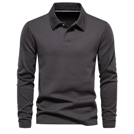 Long-Sleeve Versatile Top Trendy Solid Color Casual Spring and Autumn New Cross-Border Men's Polo with a Collar in Grass Green