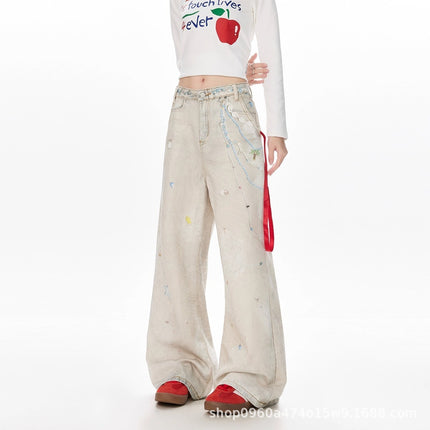 Pearl Lace Cold Transfer Printed Jeans for Women Niche Design Dirty Dyed Wide Leg Pants Sexy Slimming Look Casual Pants