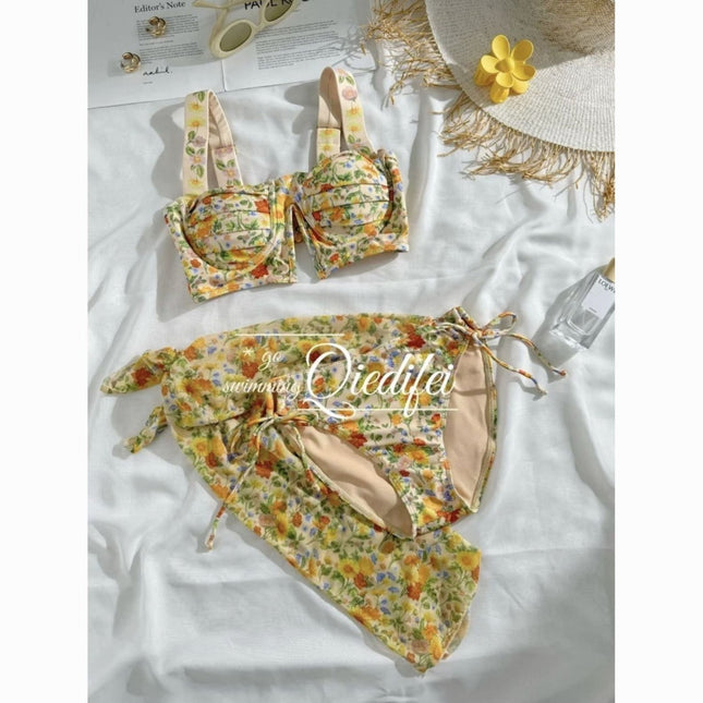 Source Factory Summer New Style Fresh Pastoral Style Vacation Bikini Small Breast Push-Up Split Swimsuit with Skirt for Women