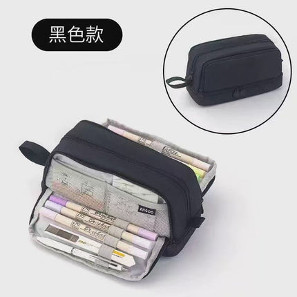 Cross-Border Color-Blocked Retractable Pencil Case, Large-Capacity Stationery Bag, Multifunctional Double-Zipper for Students, Simple and Convertible into Canvas