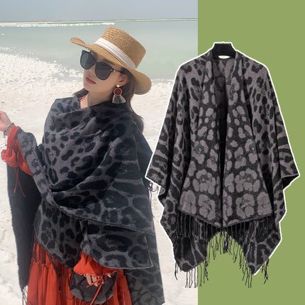 Leopard Split Towel Warm Tassel Shawl Thickened Xizang Northwest Desert Windproof Cape Women's Travel