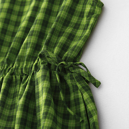 Real Shot of Cotton and Linen Green Plaid Fresh and White Sleeveless Waist Drawstring Summer Dress Literary Skirt Travel Skirt