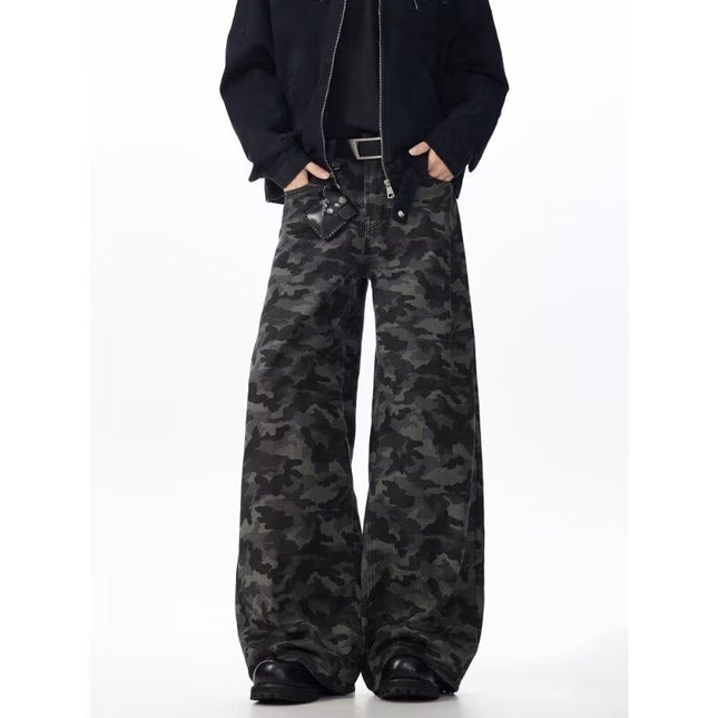 Camouflage Jeans for Men, Washed and Distressed, American Hip-Hop Style, Stylish Curved Knife Pants, Loose and Versatile Floor-Length Pants