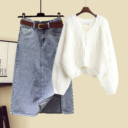 Plus Size Women's Spring and Autum Suit Women's 2025 New Knitted Sweater Slimming Look Versatile Denim Skirt Two-Piece Set