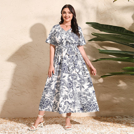 2025 Cross-border New French Elegant Elegant plus size dress Line-drawing Floral V-neck Short-sleeved Waisted Long Dress
