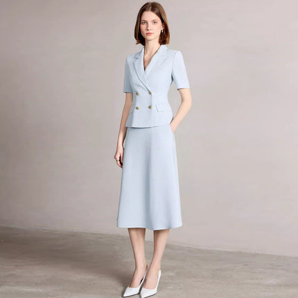 Summer New Short-Sleeved Light Blue Professional Women's Skirt Suit Double-Breasted Suit Collar Office Manager Commuting Formal Wear