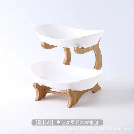 European-style three-layer ceramic dried fruit plate new creative bamboo rack multi-layer fruit plate household snack plate factory direct sales